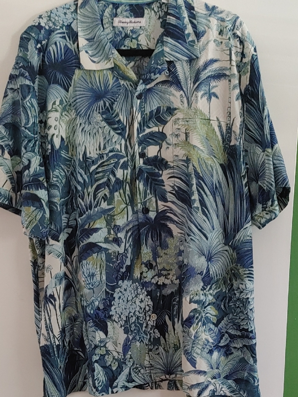 Tommy Bahama Blue and Green Tropical Palm Camp Shirt Silk